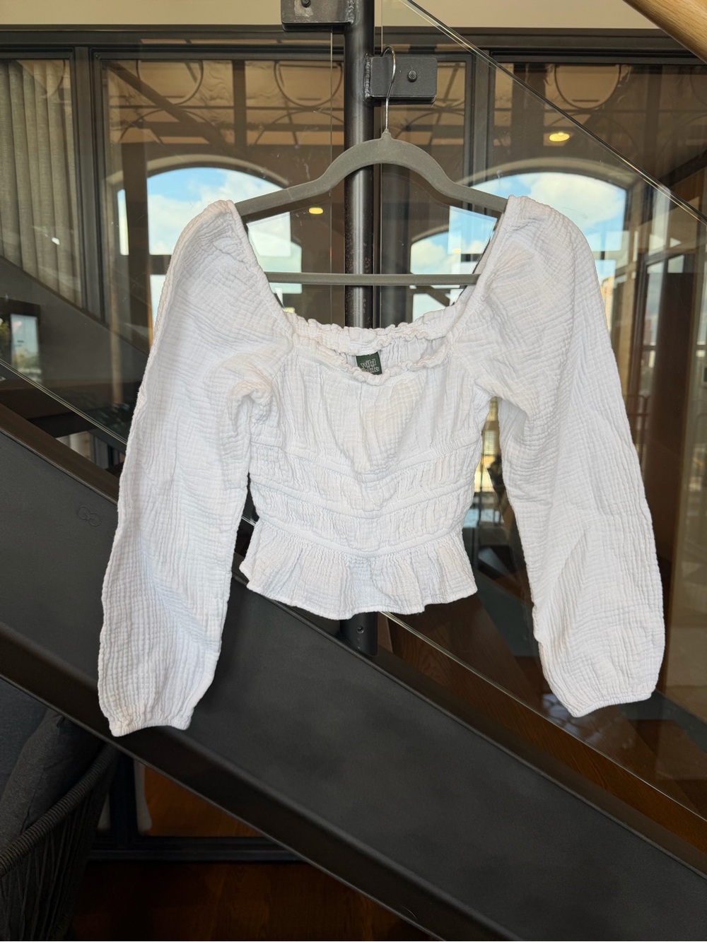 wild fable White Smocked Peasant Blouse with Puff Sleeves